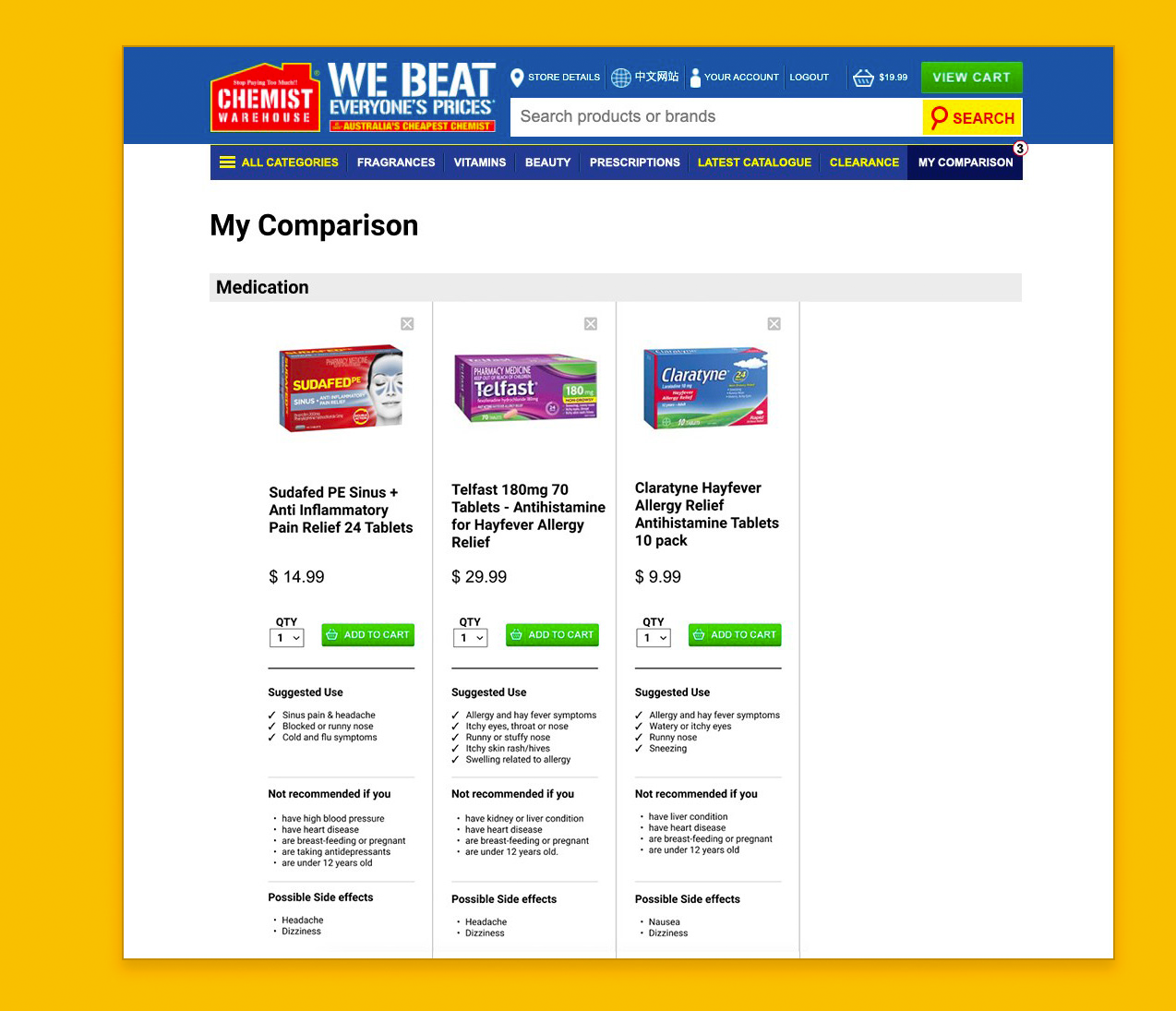 The My Comparison page on the Chemist Warehouse site: three hay fever medicines side by side, each with price, add to cart, suggested use, who it is not recommended for, and possible side effects.
